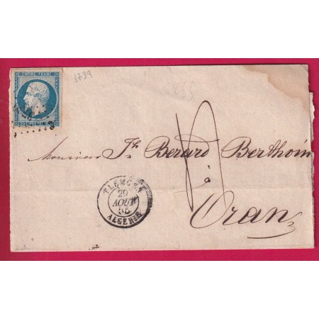 N°14 PC 3739 TLEMCEN ALGERIE TAXE MANUSCRIT 4 POUR ORAN 1855 LETTRE