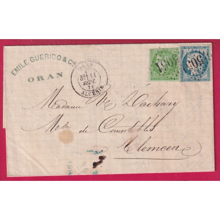 N°37 + 42B TOUCHE GC 5051 ORAN ALGERIE 11 SEPTEMBRE 1871 POUR TLEMCEN LETTRE