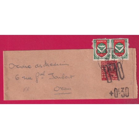 ALGERIE ENTIER BANDE DE JOURNAL 0.10 SUR .20 + 0.3 + TP ALGER 1949 POUR ORAN LETTRE