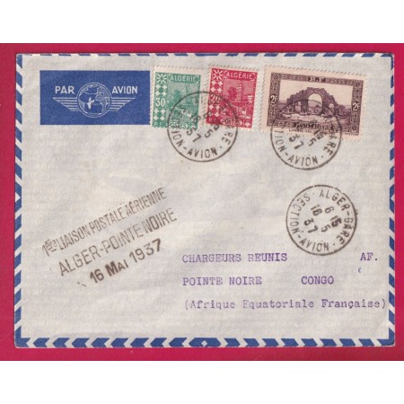 1ER VOL ALGER POINTE NOIRE 16 MAI  1937 ALGER GARE SECTION AVION ALGERIE POINTE NOIRE CONGO LETTRE