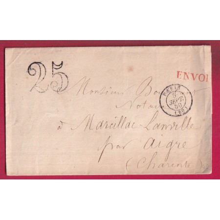 MARQUE ROUGE ENVOI CAD TYPE 15 PARIS 1850 TAXE 25 POUR AIGRE CHARENTE JOURNAL DES NOTAIRES LETTRE