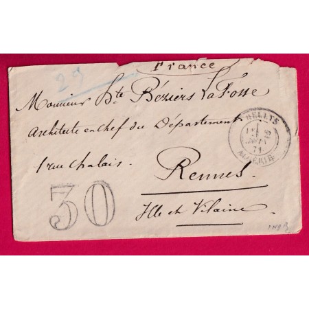 CAD TYPE 17 DELLYS ALGERIE JUIN 1871 TAXE TAMPON 30 POUR RENNES ILLE T VILAINE LETTRE