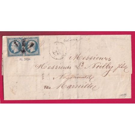 N°14 X2 BLEU LAITEUX PC 3756 GUELMA ALGERIE INDICE 14 POUR MARSEILLE LETTRE