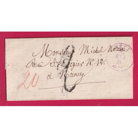GUERRE 1870 CAD VIOLET FRANCHISE MILITAIRE METZ MOSELLE TAXE ALLEMANDE 20 + 2 POUR NANCY MEURTHE ET MOSELLE LETTRE