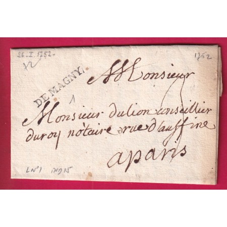MARQUE DE MAGNY SEINE ET OISE 1752 LENAIN N°1 INDICE 15 POUR PARIS LETTRE