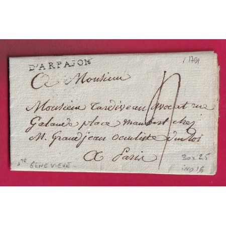 MARQUE D' ARPAJON SEINE ET OISE 1791 LENAIN N°4 INDICE 16 POUR PARIS TEXTE STE GENEVIEVE LETTRE