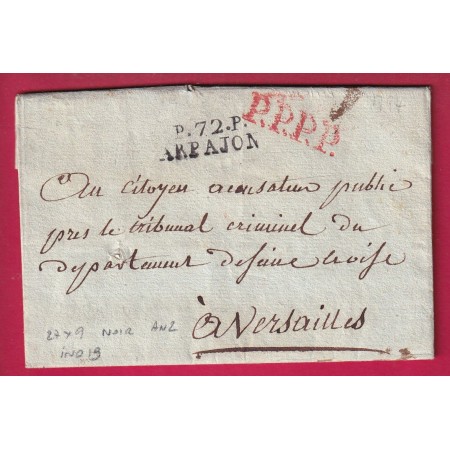 MARQUE P72P ARPAJON SEINE ET OISE EN NOIR AN 2 1794 INDICE 19 POUR VERSAILLES ACCUSATEUR PUBLIC LETTRE