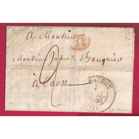 CAD TYPE 13 BAYEUX CALVADOS BOITE RURALE P LE MANOIR 1838 POUR CAEN + DECIME RURAL LETTRE