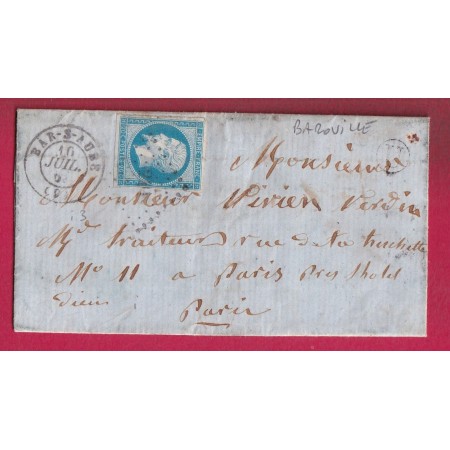 N°14 PC 249 BAR SUR AUBE BOITE RURALE U BAROVILLE POUR PARIS LETTRE