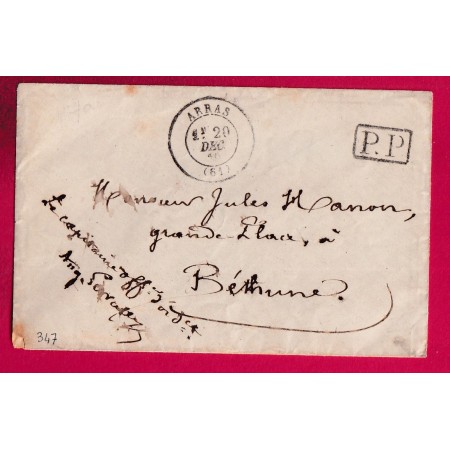 GUERRE 1870 ARRAS PAS DE CALAIS PP FRANCHISE LE CAPITAINE OFFICIER D'ORDONANCE POUR BETHUNE LETTRE