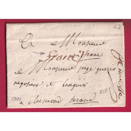 MARQUE FRANCHE DE CLERMONT FERRAND PUY DE DOME POUR CLERMONT RARE PORT LOCAL DE 1787 TAXE 1/2 AU DOS LETTRE