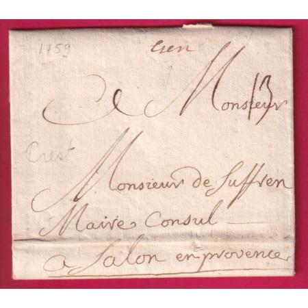 MARQUE MANUSCRIT CREST DROME 1759 POUR SALON DE PROVENCE LN°1 INDICE 11 LETTRE
