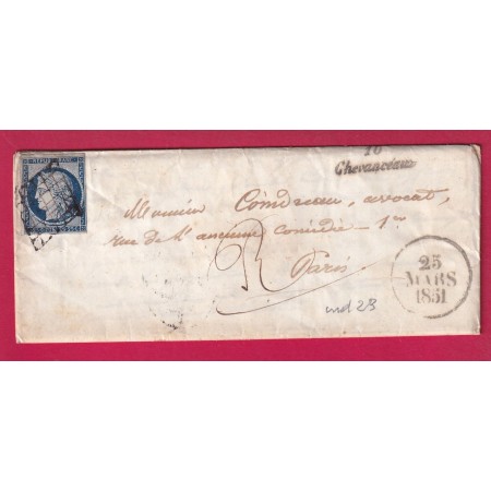N°4 GRILLE + CURSIVE 16 CHEVANCEAUX CHARENTE INFERIEURE POUR PARIS 1851 LETTRE