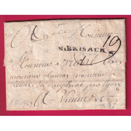 MARQUE NEUFBRISACH HAU RHIN 1769 LENAIN N°6 INDICE 17 POUR VIENNE ISERE LETTRE