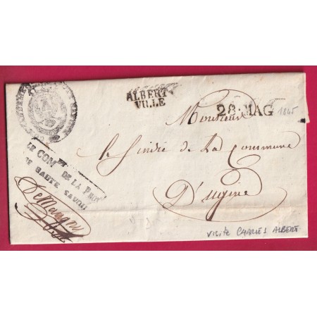 MARQUE SARDE ALBERTVILLE SAVOIE LE CMDT PROVINCE TEXTE VISITE DU DUC DE SAVOIE CHARLES ALBERT 1845 UGINE LETTRE