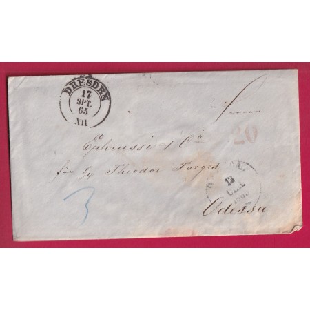 ALLEMAGNE DRESDEN 1865 POUR ODESSA UKRAINE RUSSIE RUSSIA TAXE 20 TAMPON LETTRE