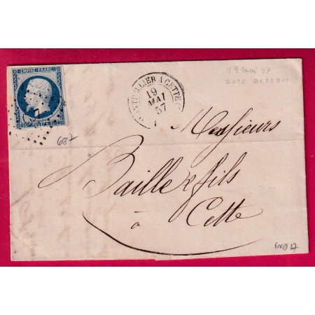 N°14 PC 687 CETTE PRECURSEUR CONVOYEUR MONTPELLIER  A SETE HERAULT 1857 POUR CETTE INDICE 17 LETTRE