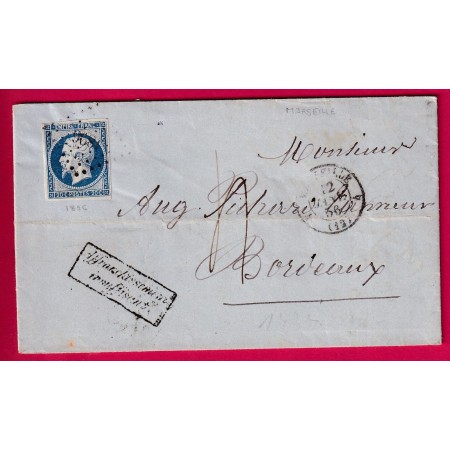 N°14 PC 1896 MARSEILLE 4 12 4 TAXE 4 POUR BORDEAUX GRIFFE AFFRANCHISSEMENT INSUFFISSANT SPECIAL LETTRE