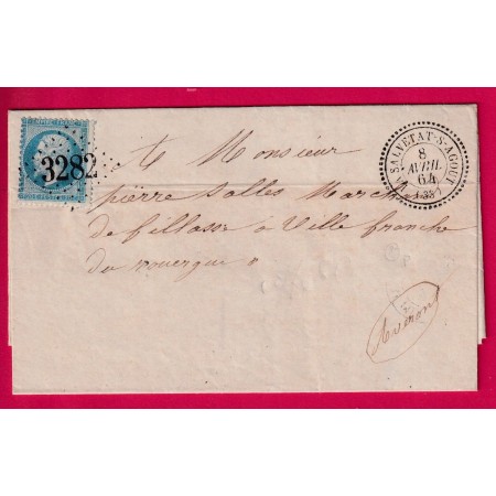 N°22 GC 3282 LA SALVETAT SUR L'AGOUT HERAULT CAD TYPE 22 POUR VILLEFRANCHE DE ROUERGUE LETTRE