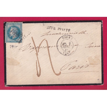 N°29 GC 3997 TOURS INDRE ET LOIRE  GRIFFE SPECIALE AFFR INSUFF TAXE 4 POUR PARIS 1869 LETTRE