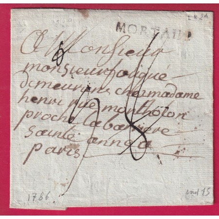 MARQUE MORTAIN MANCHE 1786 LENAIN N°2A INDICE 15 POUR PARIS TAXE MODIFIE 8 / 9 LETTRE