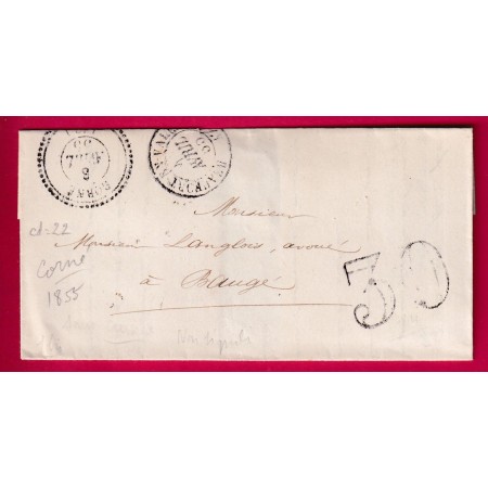 CAD TYPE 22 CORNE MAINE ET LOIRE 1855 + T15 BEAUFORT EN VALLEE POUR BAUGE LETTRE