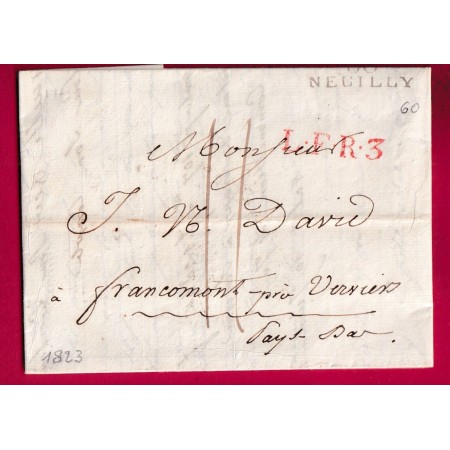 MARQUE 60 NEUILLY SEINE GRIFFE LFR3 POUR FRANCOMONT PRES VERVIERS PAYS BAS 1823 LETTRE