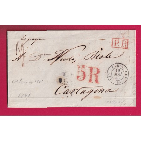 CAD TYPE 15 PARIS BUREAU J 1841 + PP  ROUGE POUR CARTAGENA ESPAGNE SPAIN TAXE  5 REALS LETTRE