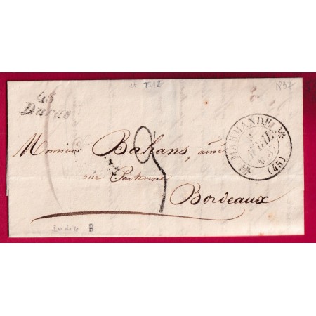 CURSIVE 45 DURAS LOT ET GARONNE + TYPE 12 MARMANDE POUR BORDEAUX 1837 LETTRE