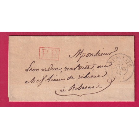 CAD TYPE 15 ST PAULAYE DORDOGNE PP EN ROUGE 1844 POUR RIBERAC LETTRE