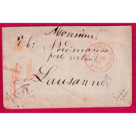 GUERRE 1870 CAD ALLEMAND STRASBOURG BAS RHIN EN ROUGE POUR LAUSANNE SUISSE FRANCHISE MILITAIRE LETTRE