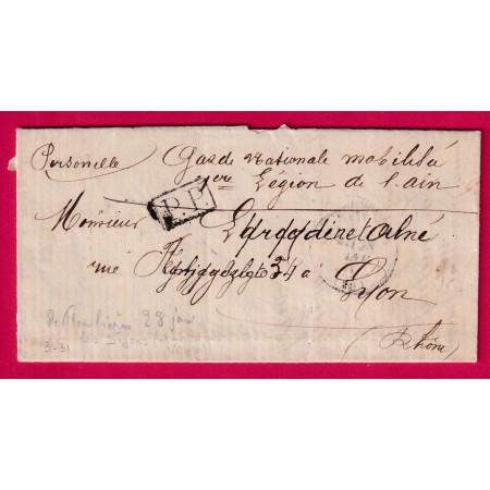 GUERRE 1870 PLOMBIERES LES DIJON COTE D'OR PP GARDE NATIONALE 1ER LEGION DE L'AIN POUR LYON 28 JANVIER 1871 LETTRE