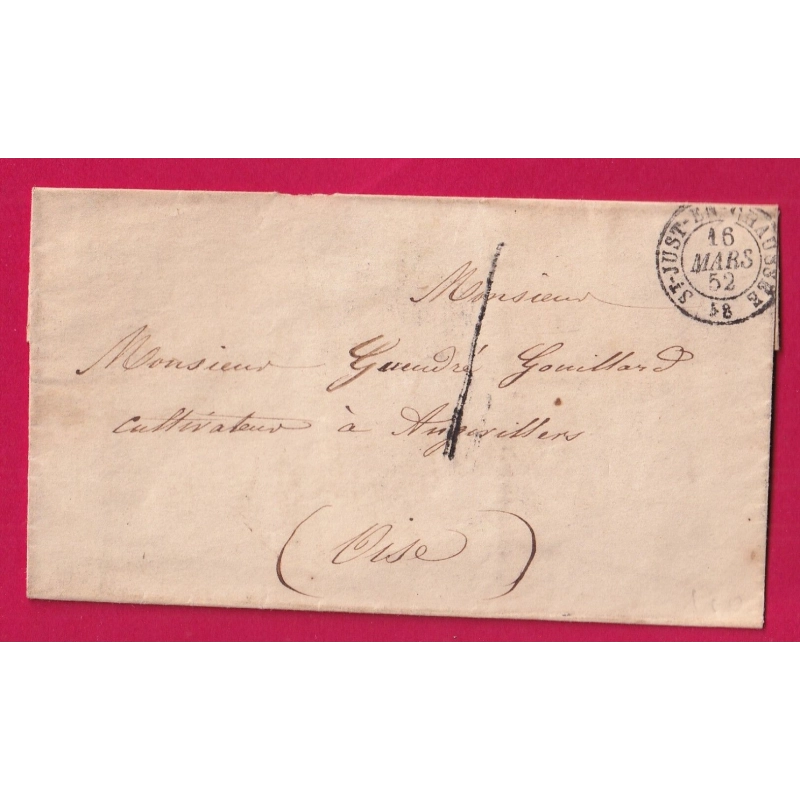TAXE 1 DE FABRICATION LOCALE CAD TYPE 15 ST JUST EN CHAUSSEE OISE 1852 POUR ANGIVILLERS LETTRE