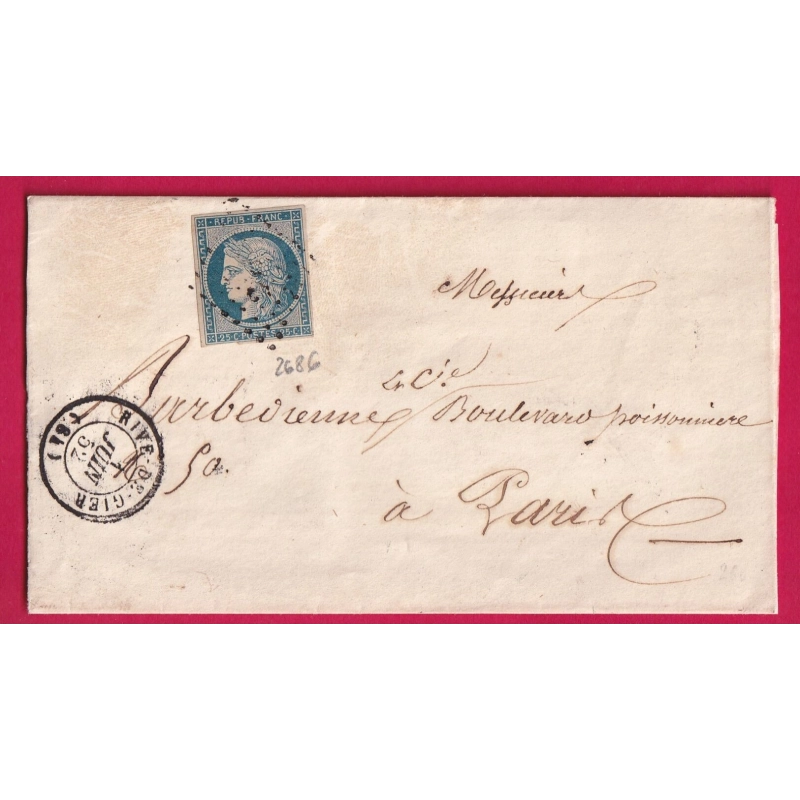 N°4 PC 2686 RIVE DE GIER 1852 LOIRE POUR PARIS LETTRE