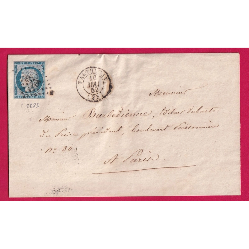 N°4 PC 2383 PARTHENAY LOIRET 1852 POUR PARIS AU DOS CACHET DE MAIRIE LETTRE