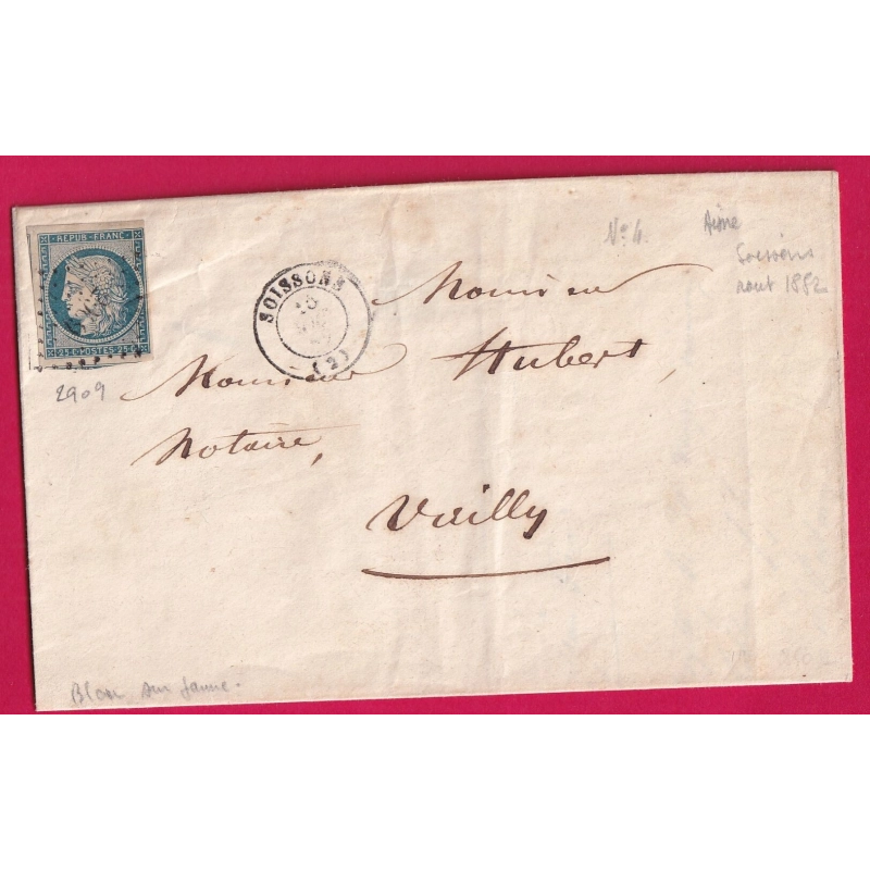 N°4 PC 2909 SOISSONS AISNE 1852 POUR VAILLY SUR AISNE LETTRE