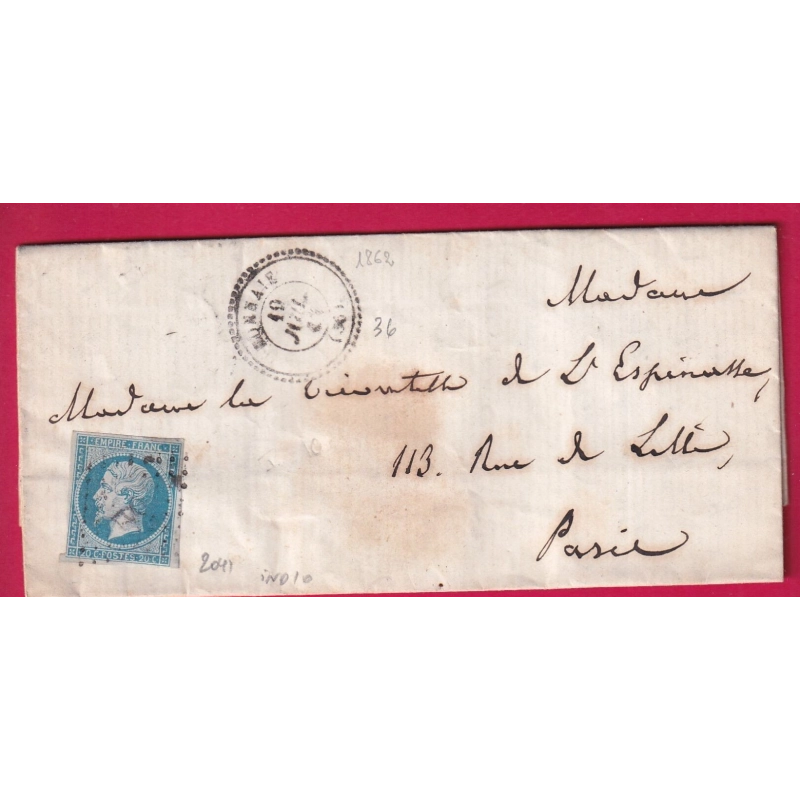 N°14 PC 2041 MONNAIE INDRE ET LOIRE CAD TYPE 22 POUR PARIS LETTRE