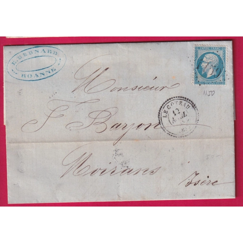N°22 GC 1150 LE COTEAU LOIRE INDICE 22 POUR MOIRANS ISERE 1863 LETTRE