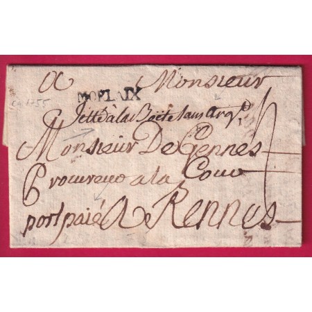 RARE MENTION JETE A LA BOITE SANS ARGENT + MARQUE PORT PAYE MANUSCRIT MORLAIX FINISTERE LN°19 INDICE18 POUR RENNES