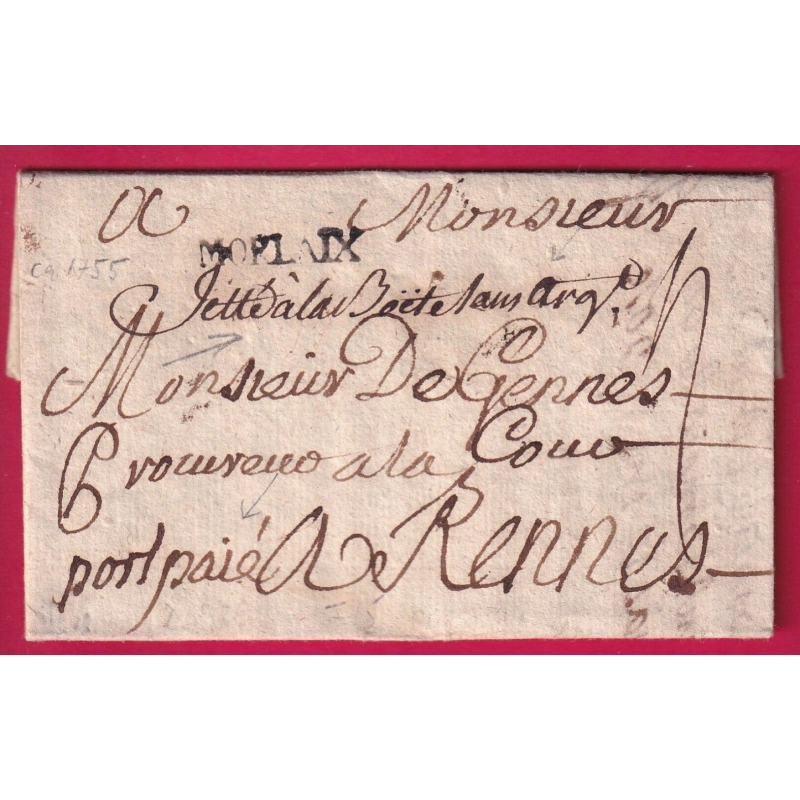 RARE MENTION JETE A LA BOITE SANS ARGENT + MARQUE PORT PAYE MANUSCRIT MORLAIX FINISTERE LN°19 INDICE18 POUR RENNES