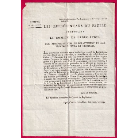 FRANCHISE CONVENTION NATIONALE  SUR IMPRIME COMITE DE LEGISLATION AN2 1794 POUR CHAMBERY SAVOIE DEPARTEMENT MONT BLANC