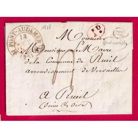 CAD TYPE 12 PONT AUDEMER EURE 1838 BOITE RURALE H BOURNEVILLE DECIME RURAL POUR RUEIL SEINE ET OISE LETTRE