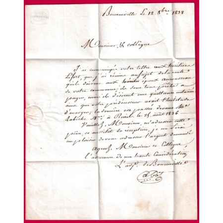 CAD TYPE 12 PONT AUDEMER EURE 1838 BOITE RURALE H BOURNEVILLE DECIME RURAL POUR RUEIL SEINE ET OISE LETTRE