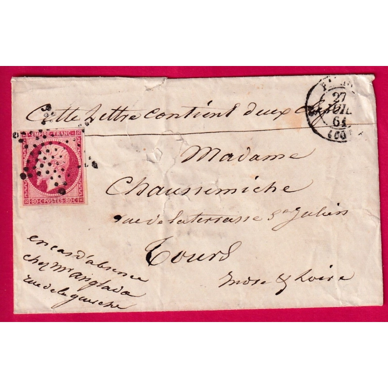N°17B PARIS ETOILE PLEINE 3E 60 POUR TOURS INDRE ET LOIRE 1861 LETTRE