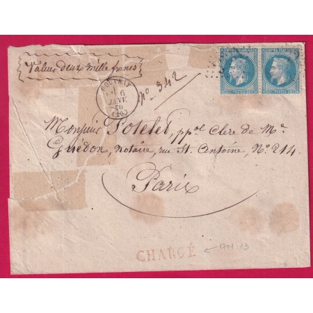 N°29 PAIRE GC 3231 ROUVRAY COTE D'OR LETTRE CHARGE POUR PARIS 1870