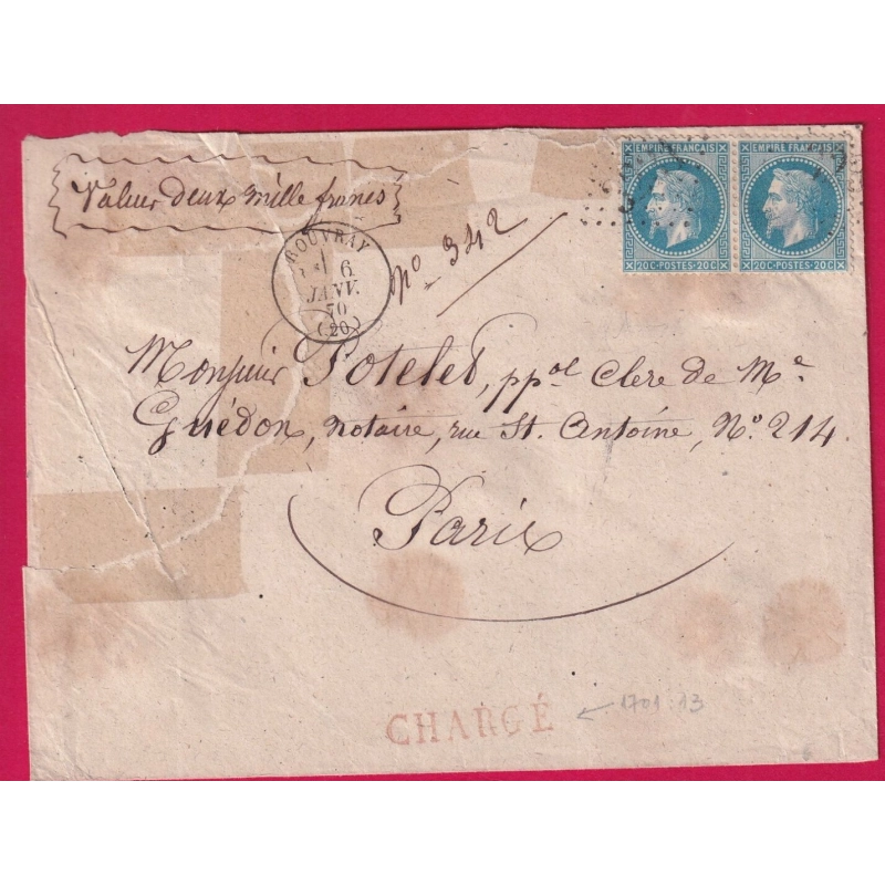 N°29 PAIRE GC 3231 ROUVRAY COTE D'OR LETTRE CHARGE POUR PARIS 1870