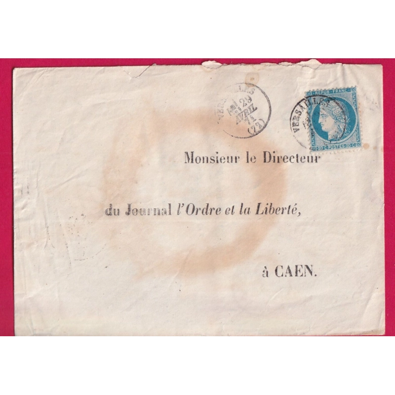 COMMUNE DE PARIS N°29 CAD TYPE 16 VERSAILLES DU 29 AVRIL 1871 ARRIVE CAEN 1ER MAI LETTRE
