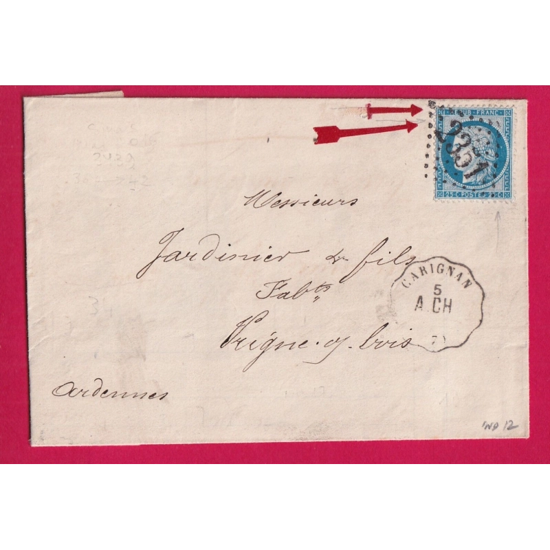 N°60 CONVOYEUR STATION CARIGNAN ARDENNES AU DOS BUREAU DE PASSE 2351 MEZIERES POUR VRIGNES AU BOIS LETTRE