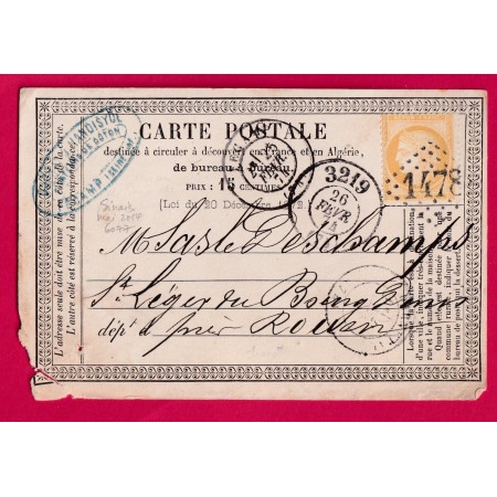 N°59 GC 1478 FECAMP SEINE INFERIEURE + BUREAU DE PASSE 3219 ROUEN AU RECTO CARTE PRECURSEUR POUR ROUEN LETTRE