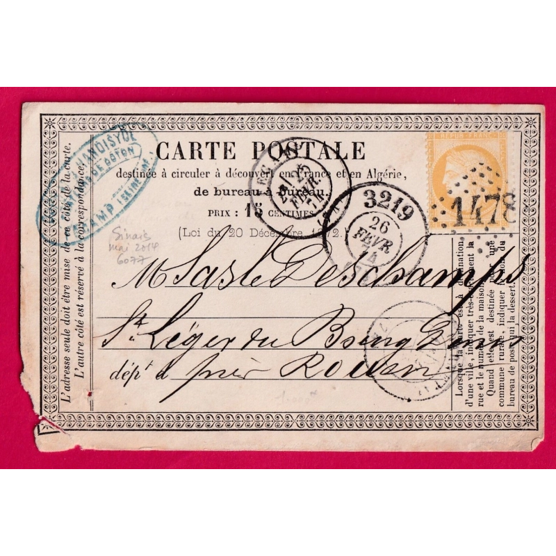 N°59 GC 1478 FECAMP SEINE INFERIEURE + BUREAU DE PASSE 3219 ROUEN AU RECTO CARTE PRECURSEUR POUR ROUEN LETTRE